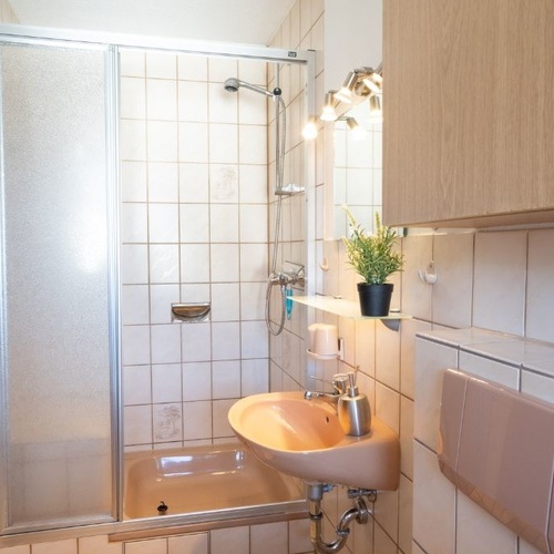 Badezimmer mit Dusche und Wachbecken - Badezimmer mit Dusche und Wachbecken -