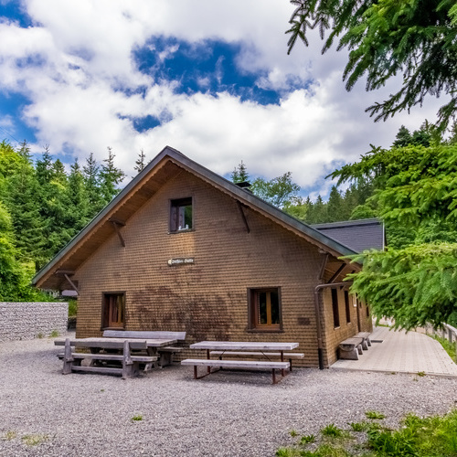 Außenansicht der Hütte mit Vorplatz mit zwei großen Holztischen und Bänken  - 